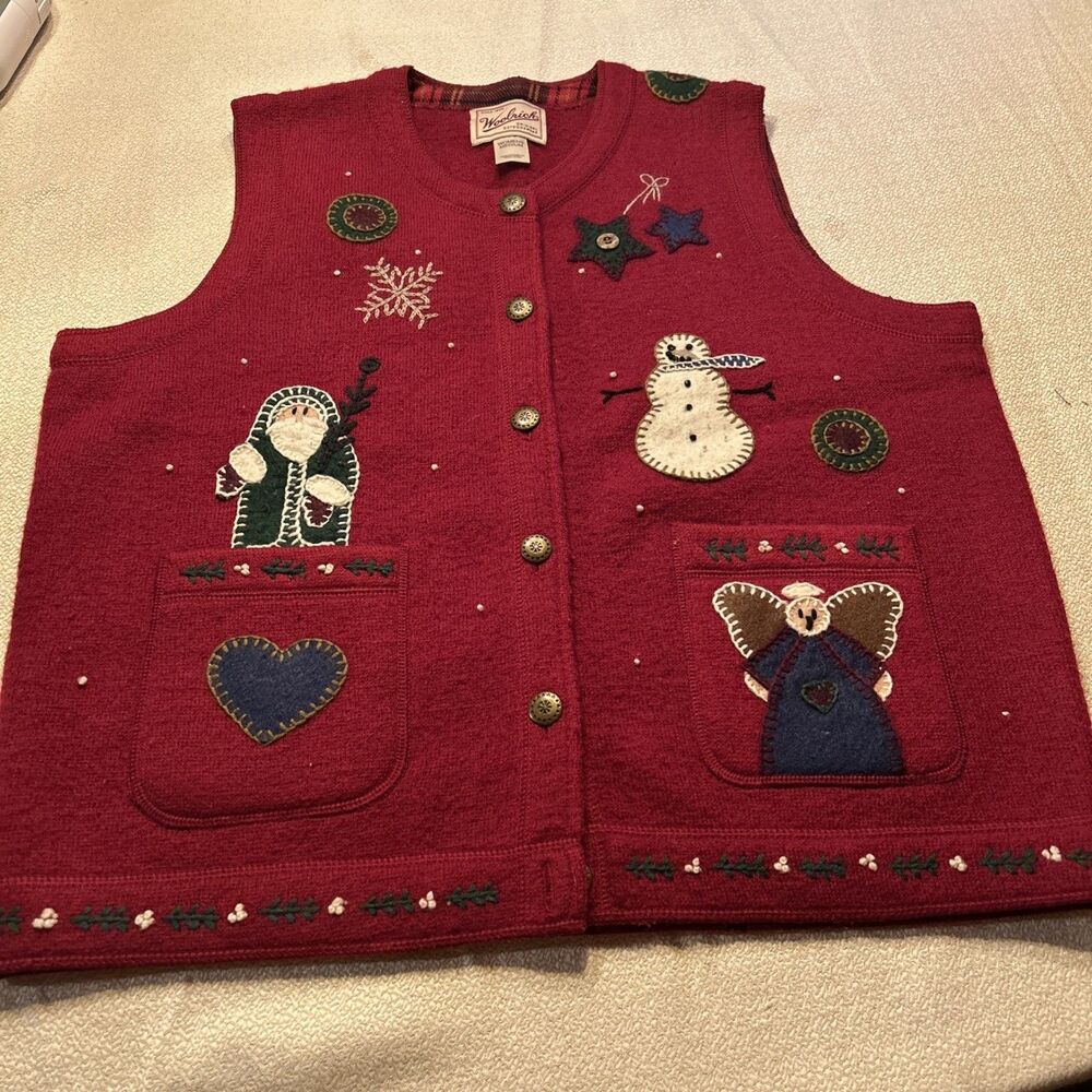 VTG Woolrich Red Wool Christmas Sweater Vest Snowman Angel Women's Medium 23x24